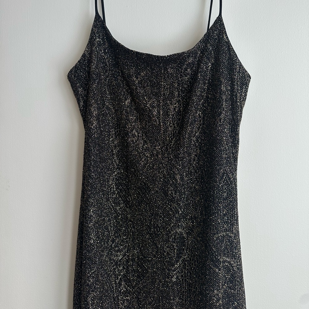 Designer Dress with Gold Accents and A Fringe At the Bottom